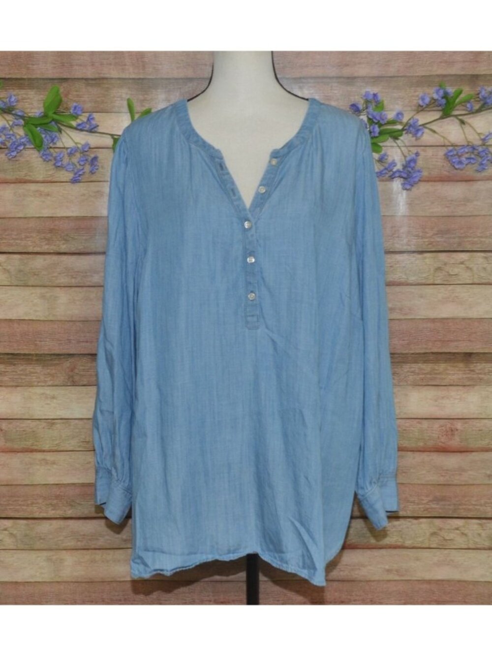 Talbots Chambray Denim Popover Shirt Women Blue Long Sleeve Button Top Plus 2X